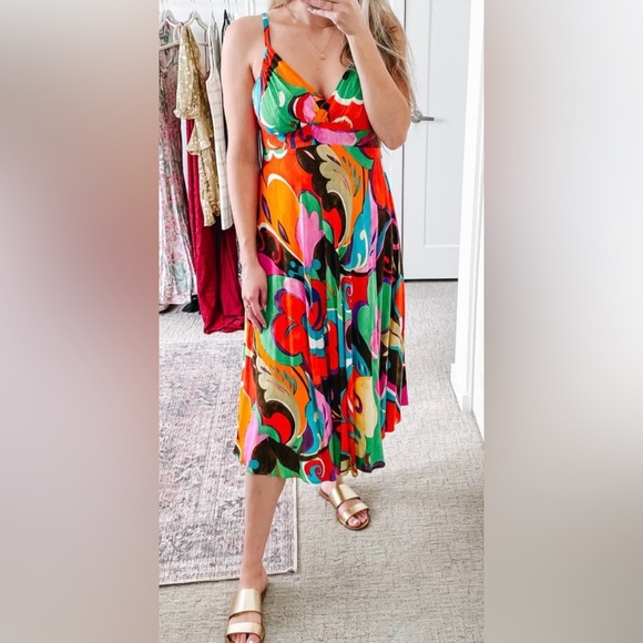 JAMS WORLD Bright Floral Colorful Midi Dress Hawaii Side pockets L - Picture 1 of 8